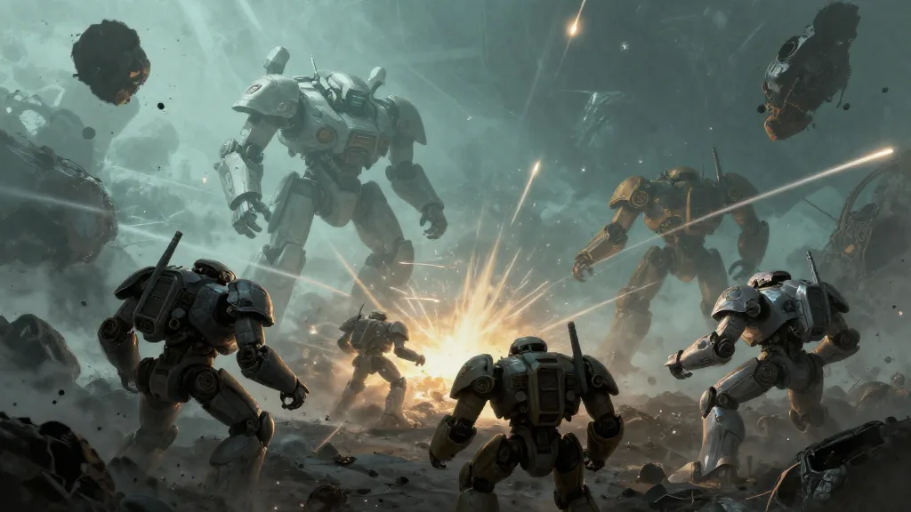 Mechs clashing across an asteroid field during the Arrival Wars